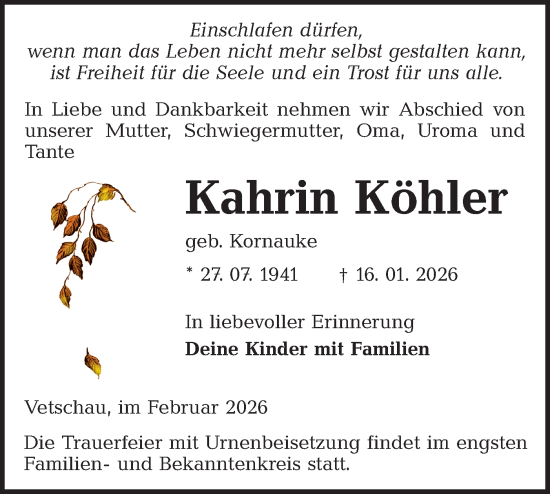 Traueranzeige von Kahrin Köhler von Ausg. LR Spreewald RS
