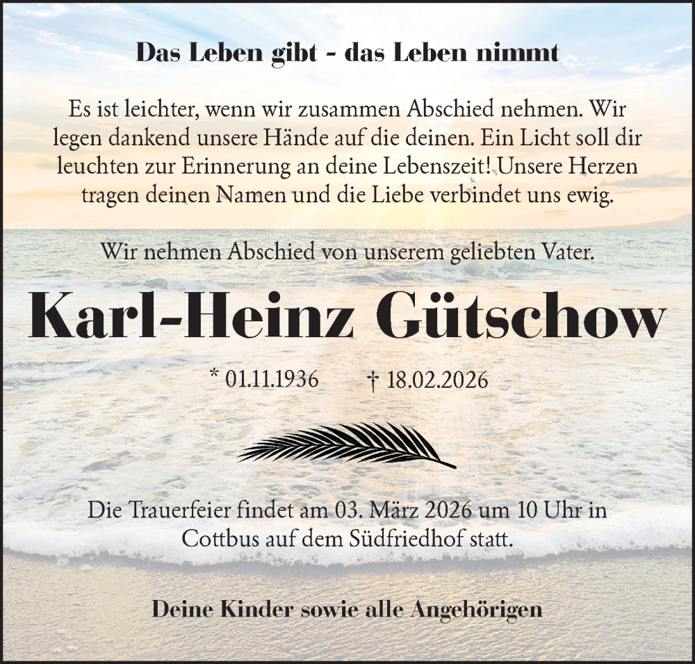  Traueranzeige für Karl-Heinz Gütschow vom 21.02.2026 aus Lausitzer Rundschau