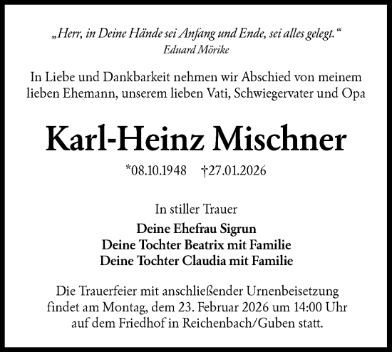 Traueranzeige von Karl-Heinz Mischner von Lausitzer Rundschau