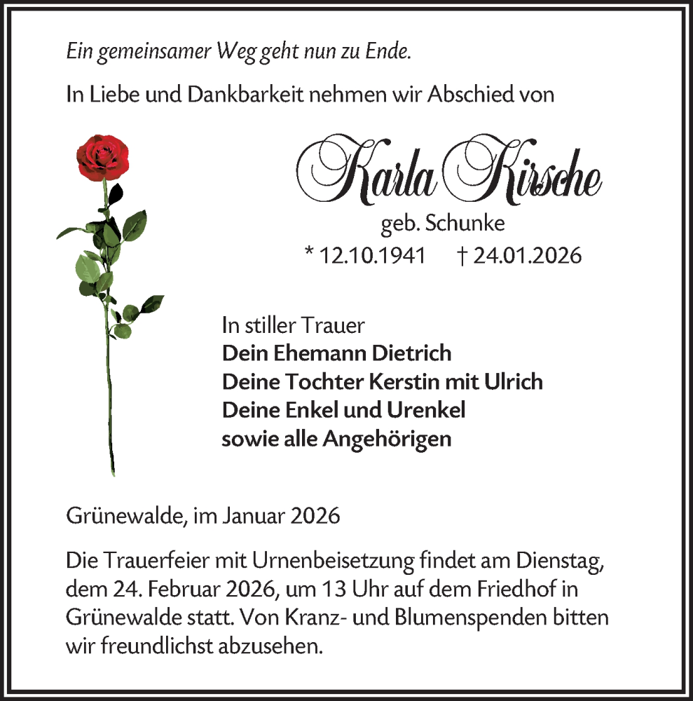  Traueranzeige für Karla Kirsche vom 07.02.2026 aus Lausitzer Rundschau