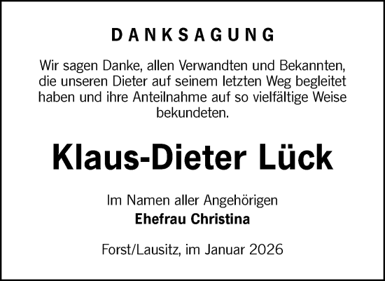 Traueranzeige von Klaus-Dieter Lück von Lausitzer Rundschau