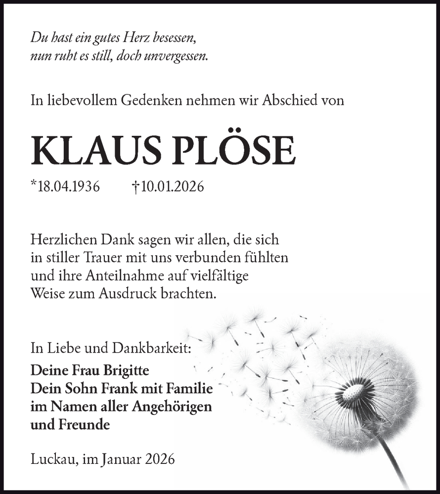  Traueranzeige für Klaus Plöse vom 07.02.2026 aus Ausg. LR Spreewald RS