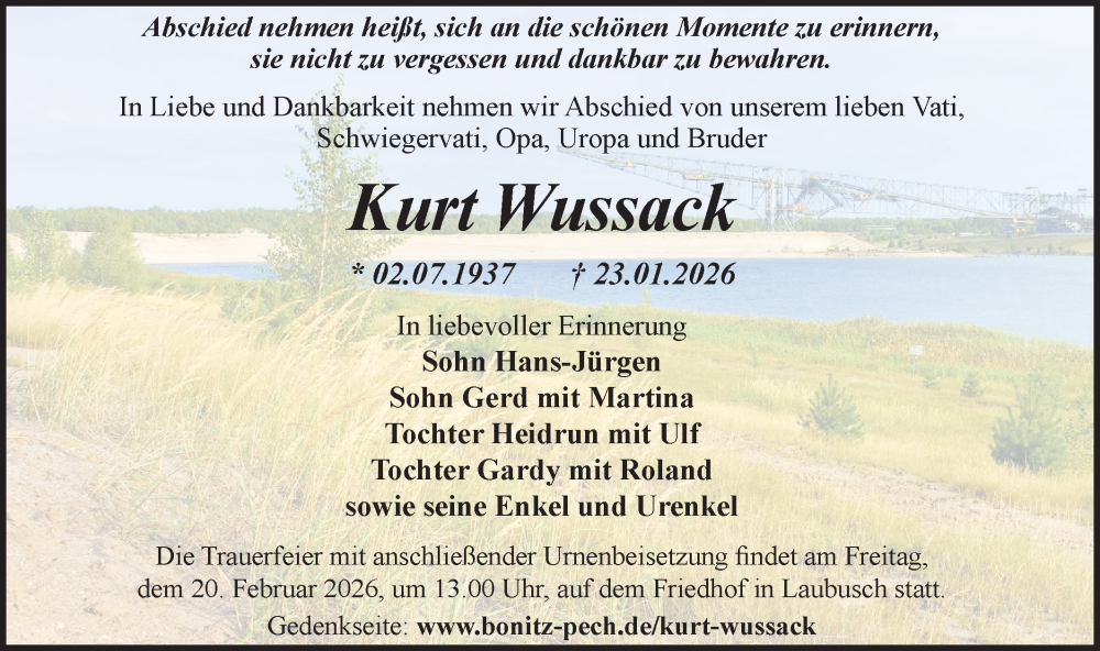 Traueranzeige für Kurt Wussack vom 07.02.2026 aus Ausg. LR Spreewald RS