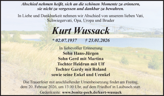 Traueranzeige von Kurt Wussack von Ausg. LR Spreewald RS