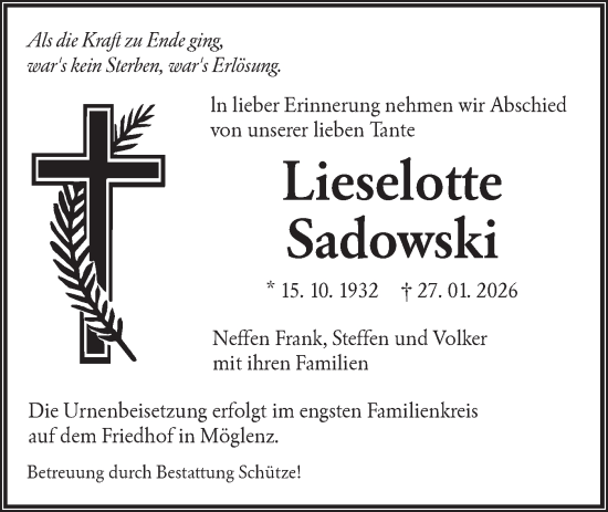 Traueranzeige von Lieselotte Sadowski von Lausitzer Rundschau