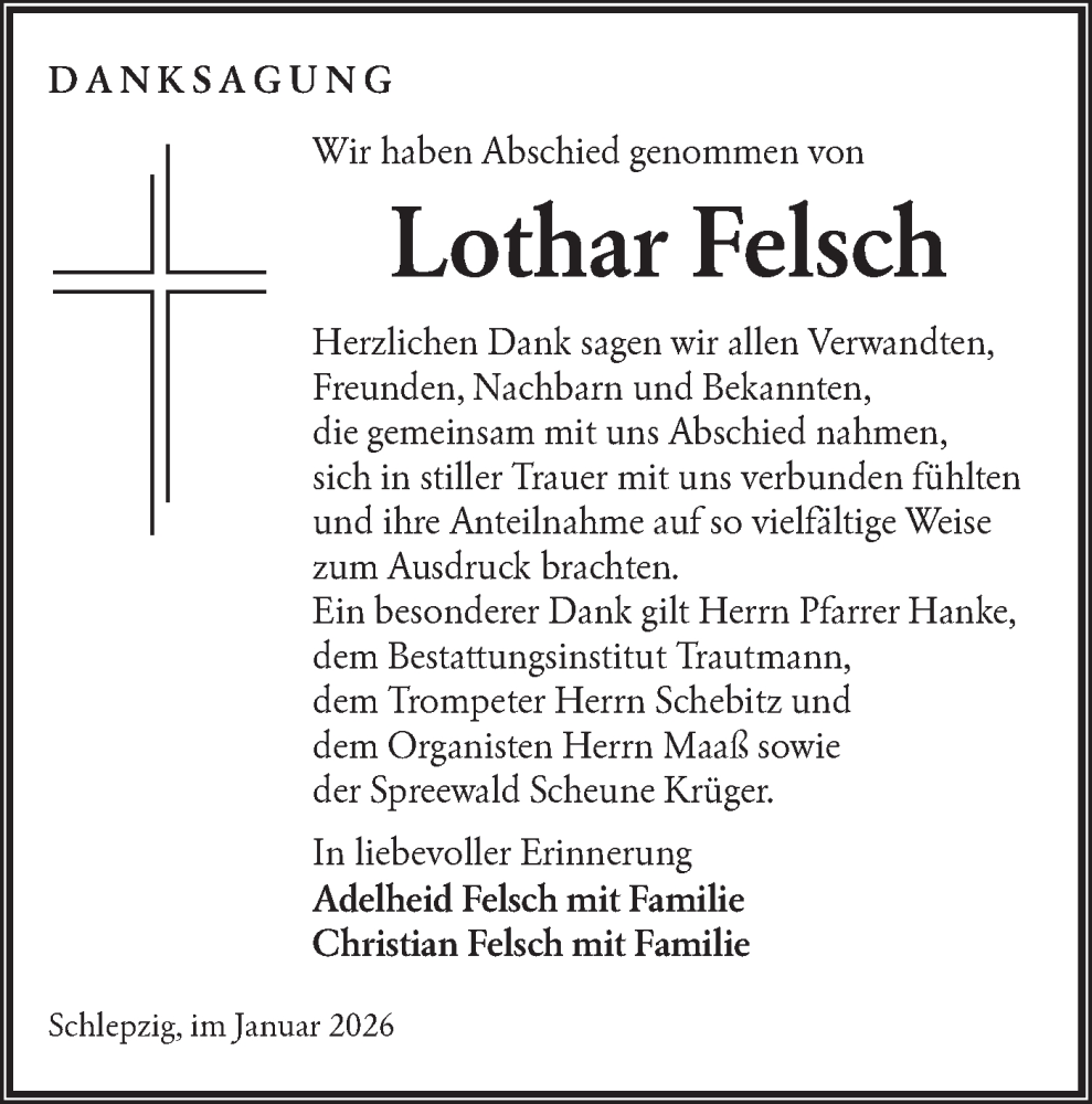  Traueranzeige für Lothar Felsch vom 07.02.2026 aus Ausg. LR Spreewald RS