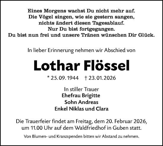 Traueranzeige von Lothar Flössel von Lausitzer Rundschau