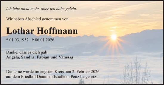 Traueranzeige von Lothar Hoffmann von Lausitzer Rundschau