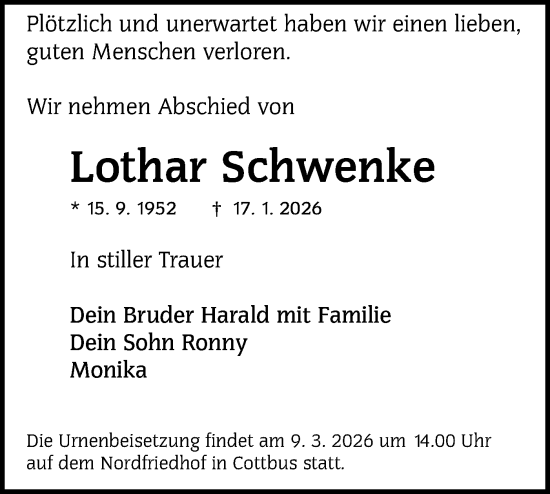 Traueranzeige von Lothar Schwenke von Lausitzer Rundschau