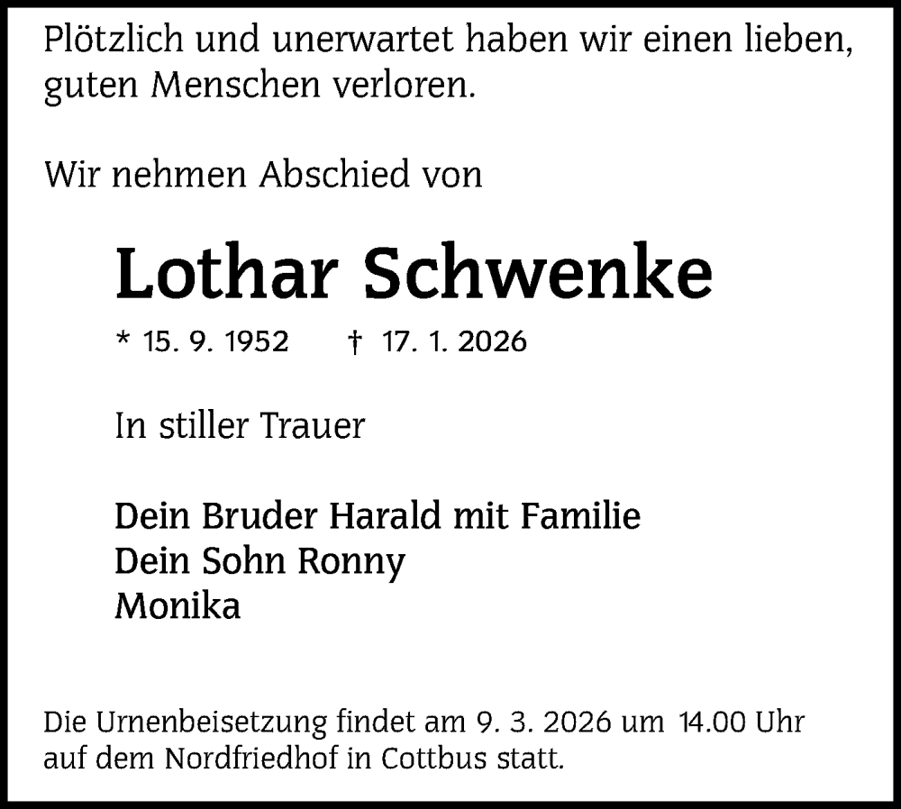  Traueranzeige für Lothar Schwenke vom 21.02.2026 aus Lausitzer Rundschau