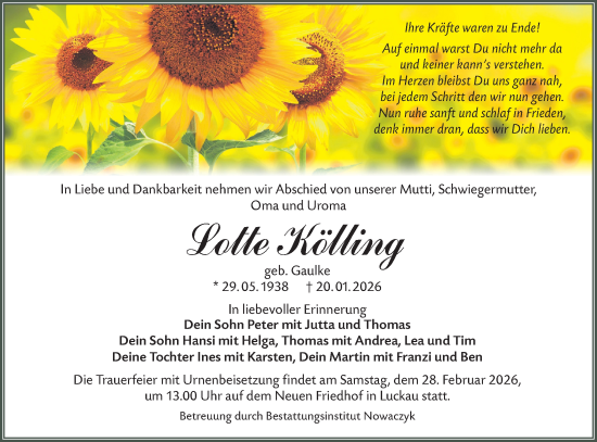 Traueranzeige von Lotte Kölling von Ausg. LR Spreewald RS