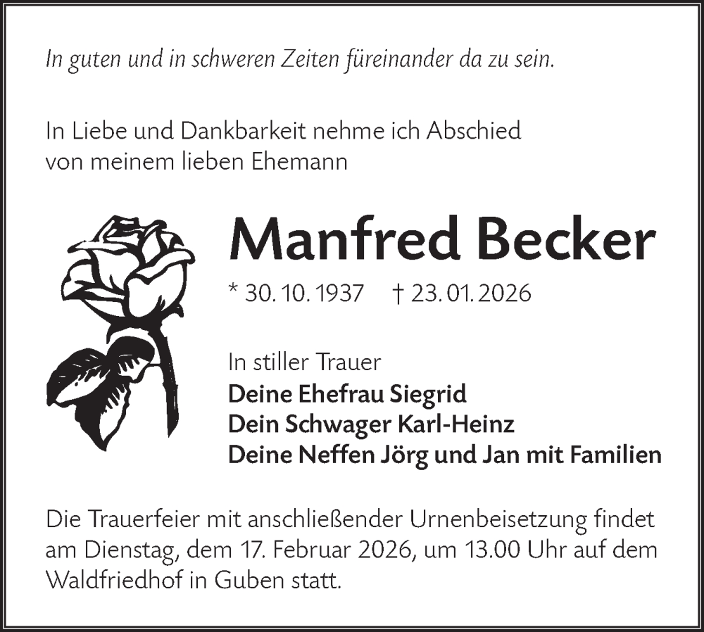  Traueranzeige für Manfred Becker vom 11.02.2026 aus Lausitzer Rundschau