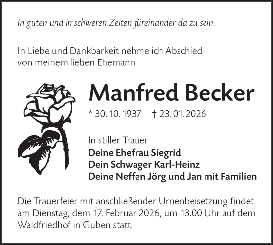 Traueranzeige von Manfred Becker von Lausitzer Rundschau