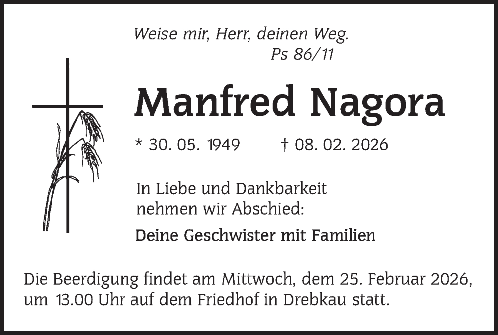  Traueranzeige für Manfred Nagora vom 21.02.2026 aus Lausitzer Rundschau