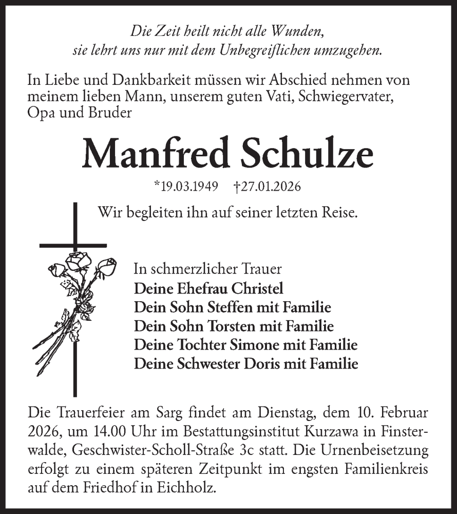  Traueranzeige für Manfred Schulze vom 07.02.2026 aus Lausitzer Rundschau