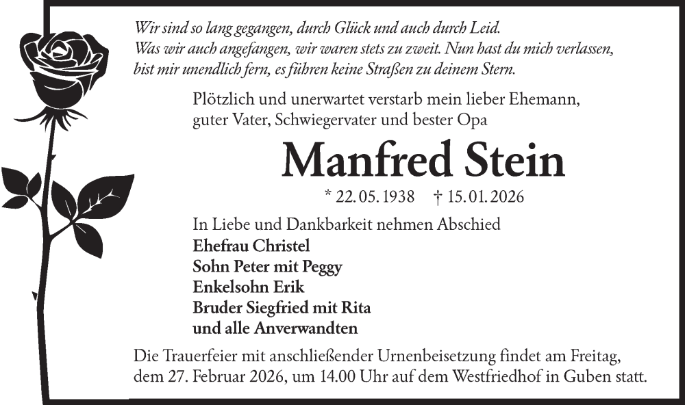  Traueranzeige für Manfred Stein vom 11.02.2026 aus Lausitzer Rundschau