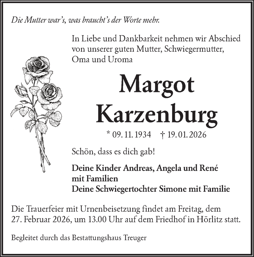  Traueranzeige für Margot Karzenburg vom 07.02.2026 aus Lausitzer Rundschau