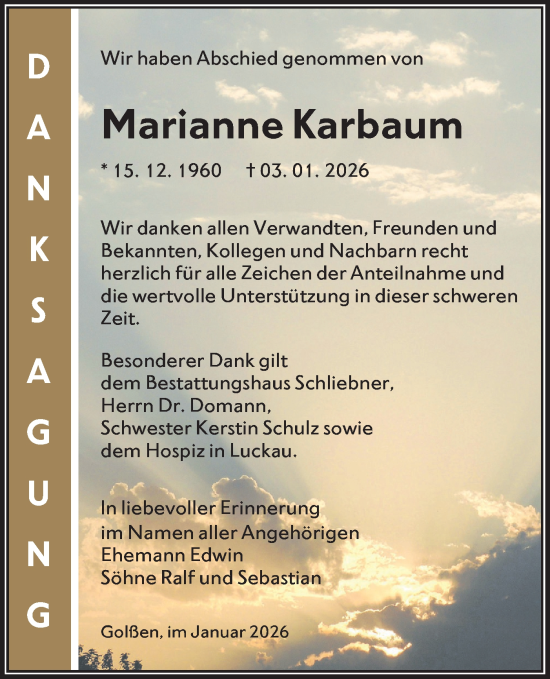 Traueranzeige von Marianne Karbaum von Ausg. LR Spreewald RS