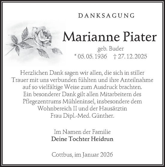 Traueranzeige von Marianne Piater von Lausitzer Rundschau