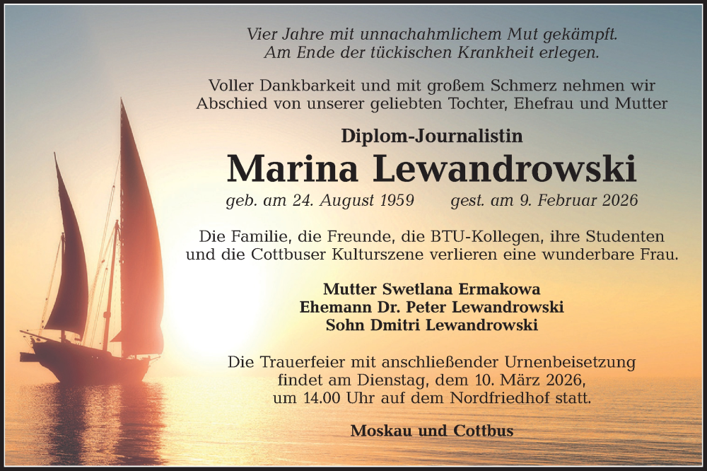  Traueranzeige für Marina Lewandrowski vom 21.02.2026 aus Lausitzer Rundschau