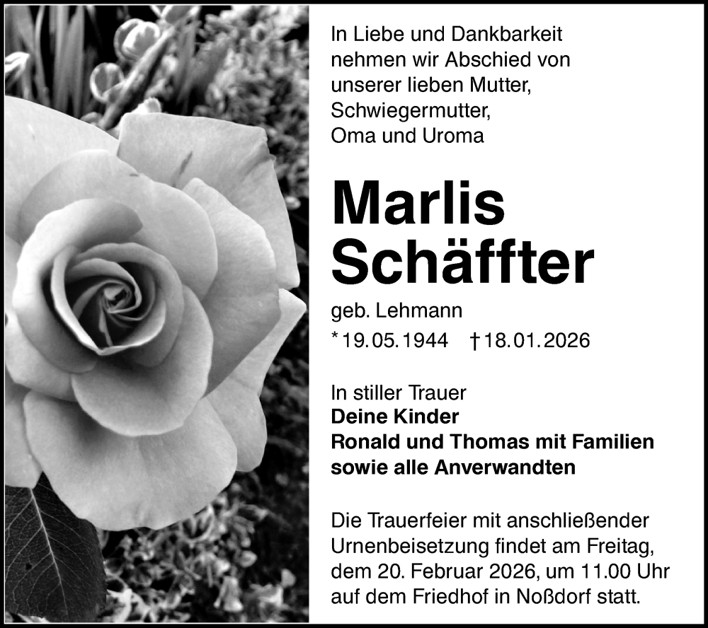  Traueranzeige für Marlis Schäffter vom 07.02.2026 aus Lausitzer Rundschau