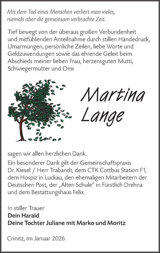 Traueranzeige von Martina Lange von Lausitzer Rundschau