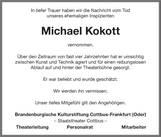 Traueranzeige von Michael Kokott von Lausitzer Rundschau