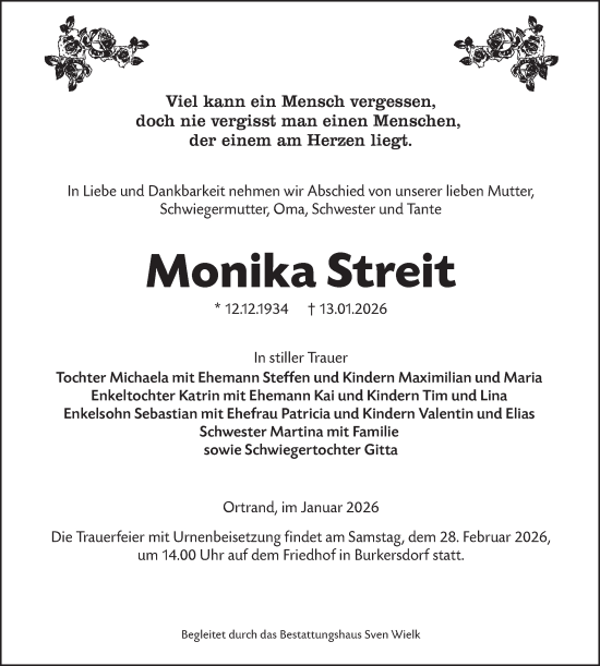 Traueranzeige von Monika Streit von Lausitzer Rundschau