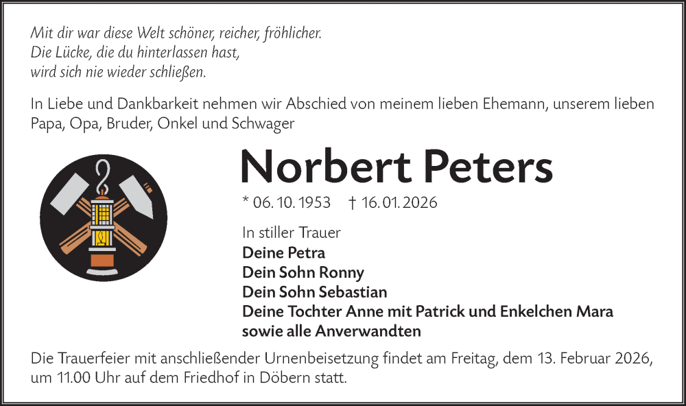  Traueranzeige für Norbert Peters vom 07.02.2026 aus Lausitzer Rundschau