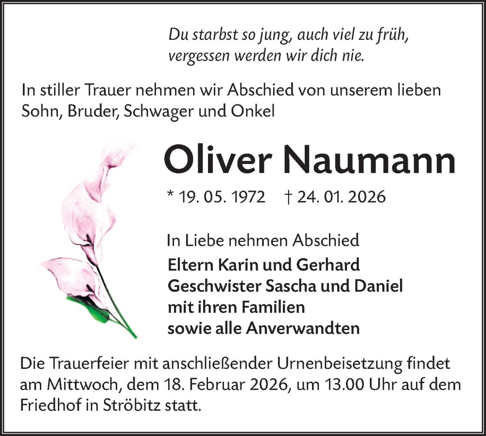  Traueranzeige für Oliver Naumann vom 07.02.2026 aus Lausitzer Rundschau