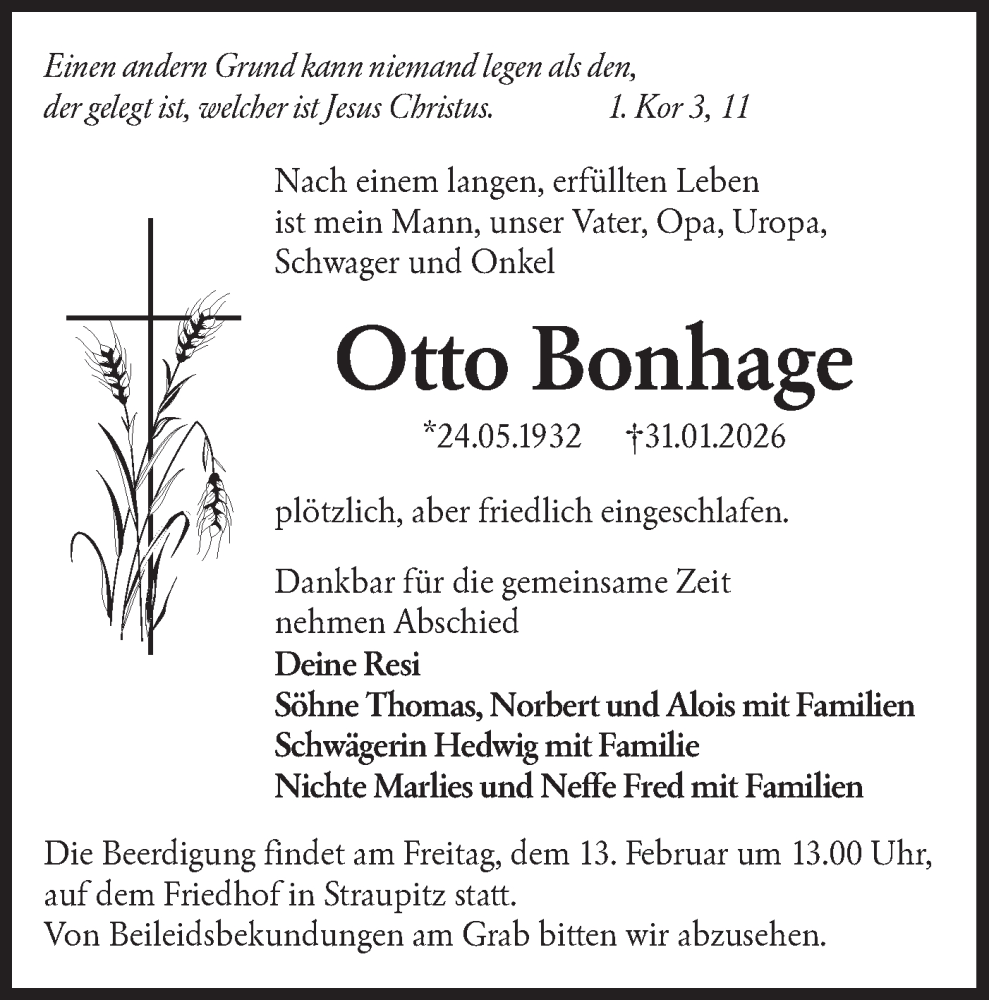  Traueranzeige für Otto Bonhage vom 07.02.2026 aus Ausg. LR Spreewald RS