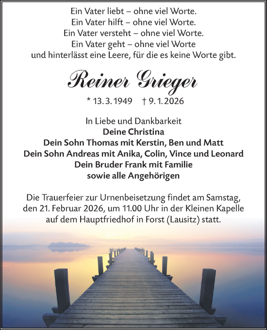 Traueranzeige von Reiner Grieger von Lausitzer Rundschau
