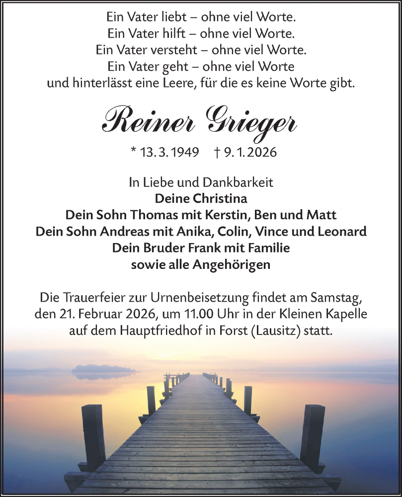  Traueranzeige für Reiner Grieger vom 07.02.2026 aus Lausitzer Rundschau