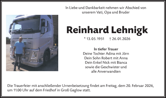 Traueranzeige von Reinhard Lehnigk von Lausitzer Rundschau