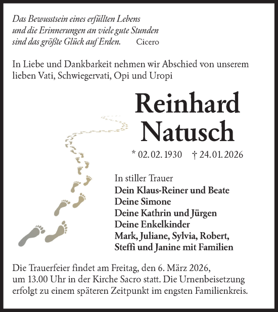 Traueranzeige von Reinhard Natusch von Lausitzer Rundschau
