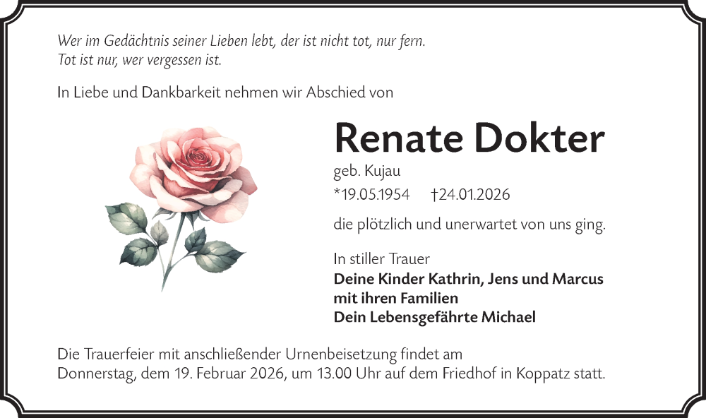  Traueranzeige für Renate Dokter vom 07.02.2026 aus Lausitzer Rundschau