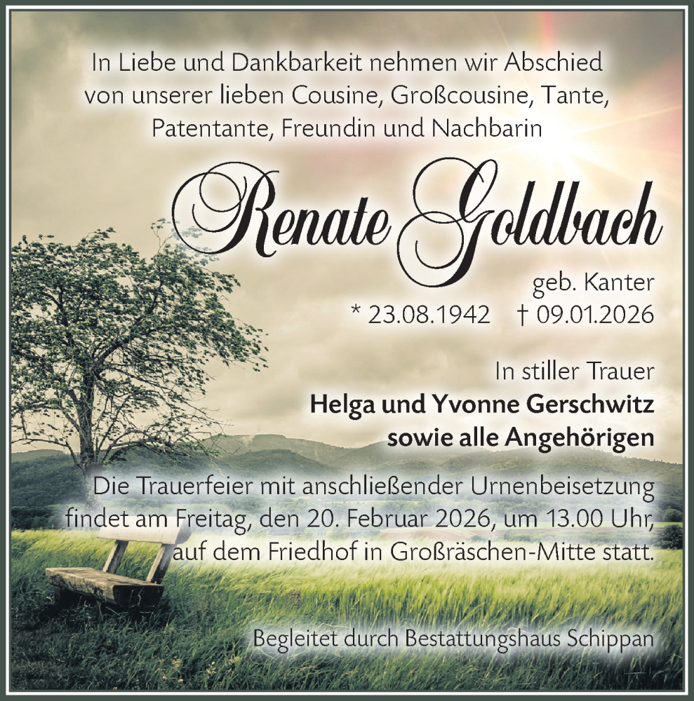  Traueranzeige für Renate Goldbach vom 07.02.2026 aus Lausitzer Rundschau