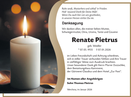 Traueranzeige von Renate Pietrus von Ausg. LR Spreewald RS