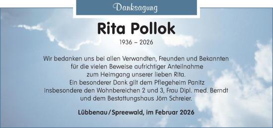Traueranzeige von Rita Pollok von Ausg. LR Spreewald RS