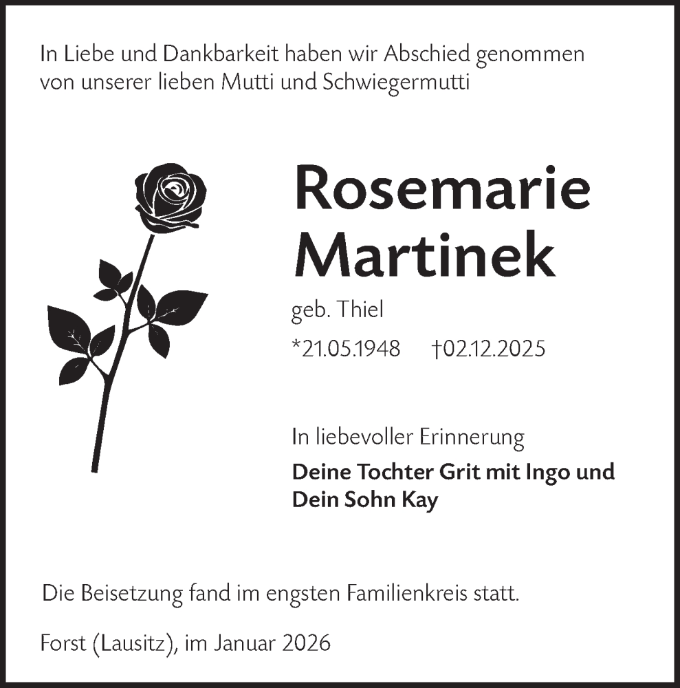  Traueranzeige für Rosemarie Martinek vom 07.02.2026 aus Lausitzer Rundschau