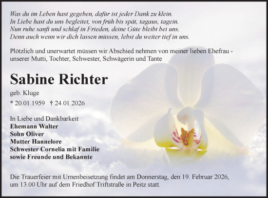 Traueranzeige von Sabine Richter von Lausitzer Rundschau