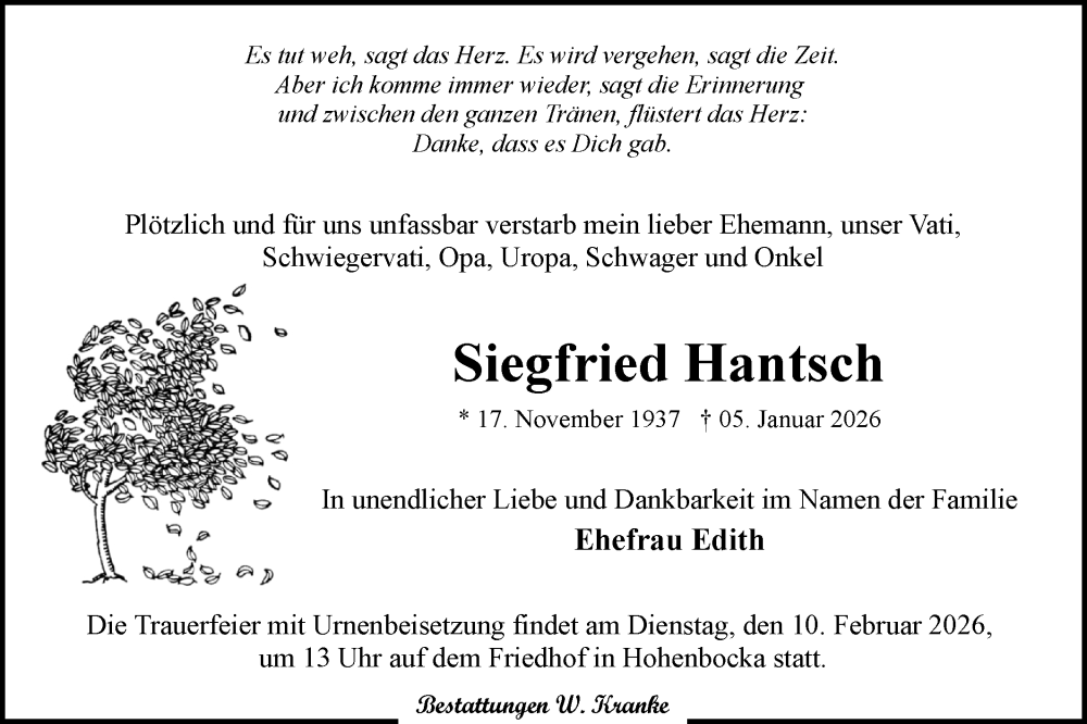  Traueranzeige für Siegfried Hantsch vom 07.02.2026 aus Lausitzer Rundschau