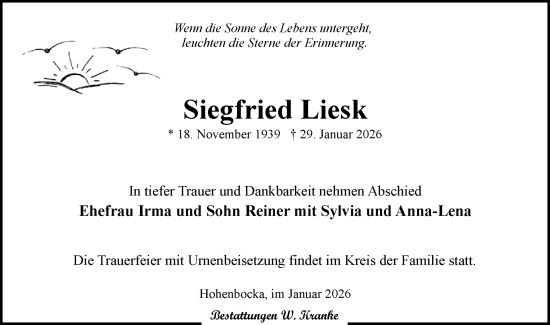 Traueranzeige von Siegfried Liesk von Lausitzer Rundschau