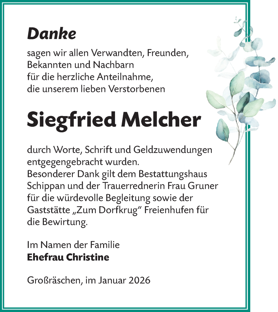  Traueranzeige für Siegfried Melcher vom 07.02.2026 aus Lausitzer Rundschau