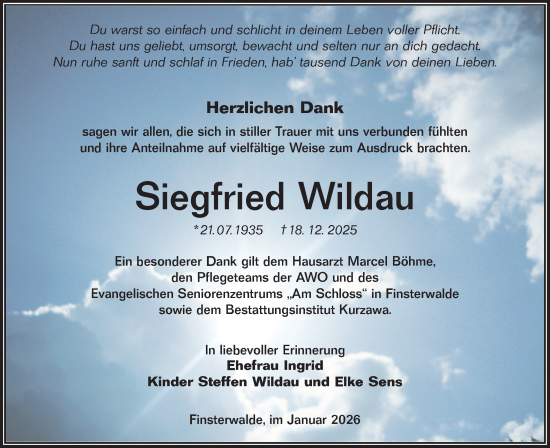 Traueranzeige von Siegfried Wildau von Lausitzer Rundschau