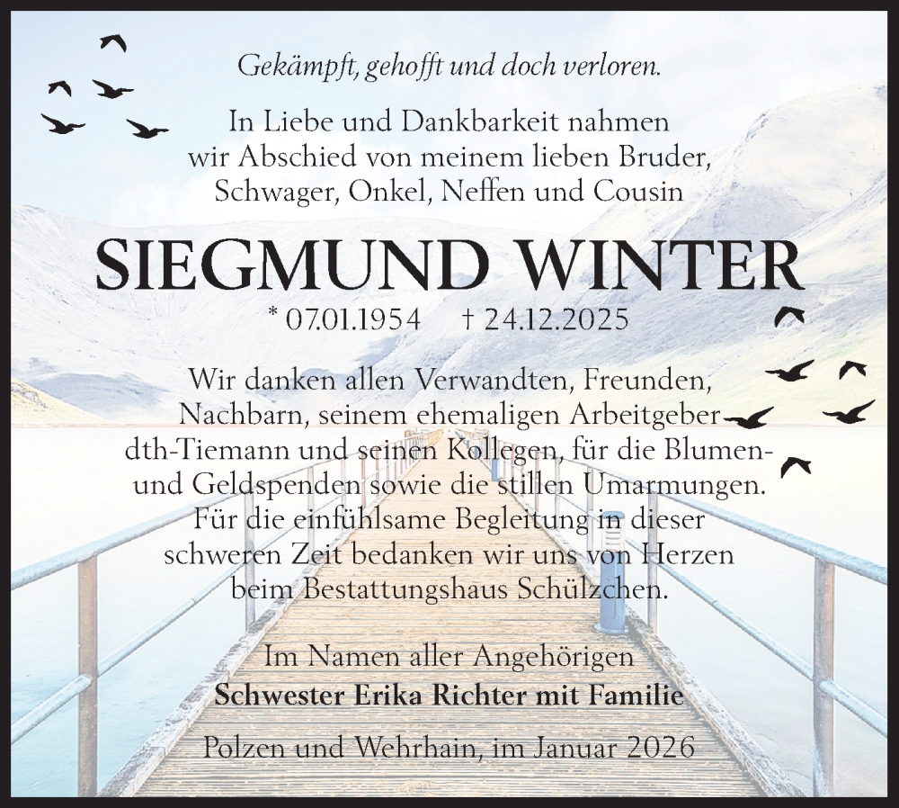 Traueranzeige für Siegmund Winter vom 07.02.2026 aus Lausitzer Rundschau