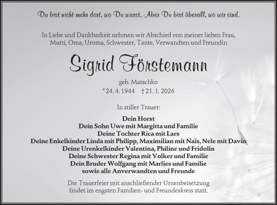 Traueranzeige von Sigrid Förstemann von Lausitzer Rundschau