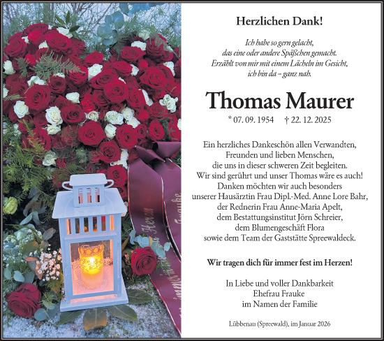 Traueranzeige von Thomas Maurer von Ausg. LR Spreewald RS