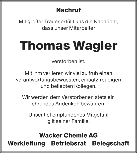 Traueranzeige von Thomas Wagler von Lausitzer Rundschau
