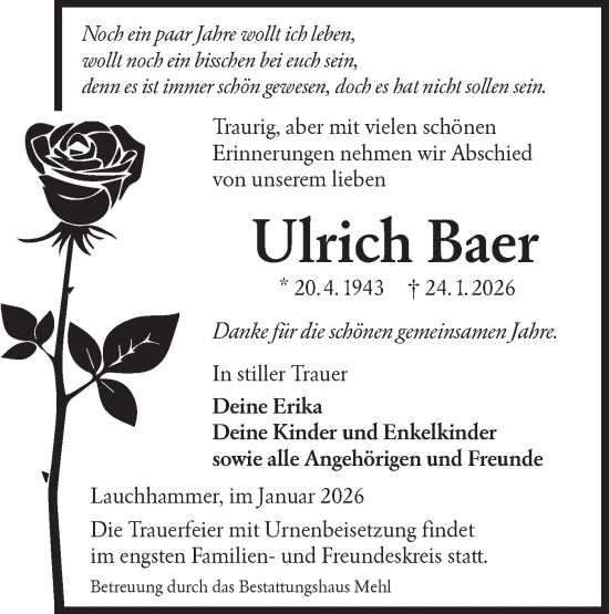 Traueranzeige von Ulrich Baer von Lausitzer Rundschau